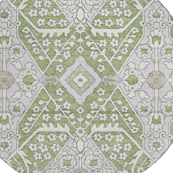 Homeroots 3' Versatile Floral Indoor Outdoor Area Rug In Artichoke Green, Ivory, And Gray - Washable Design 8' Round Polyester 590012