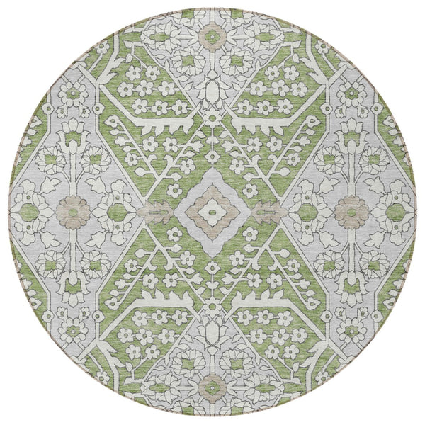 Homeroots 3' Versatile Floral Indoor Outdoor Area Rug In Artichoke Green, Ivory, And Gray - Washable Design 8' Round Polyester 590012