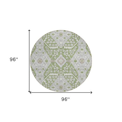 Homeroots 3' Versatile Floral Indoor Outdoor Area Rug In Artichoke Green, Ivory, And Gray - Washable Design 8' Round Polyester 590012