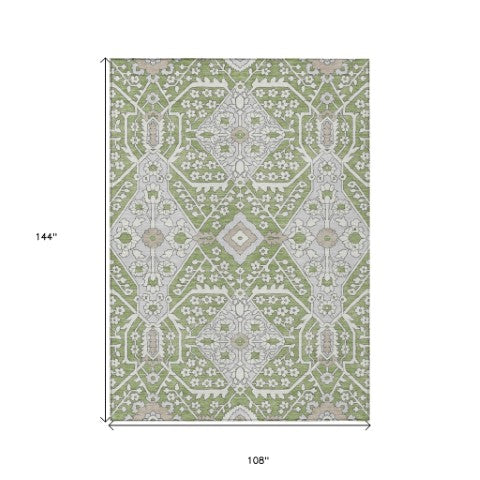 Homeroots 3' Versatile Floral Indoor Outdoor Area Rug In Artichoke Green, Ivory, And Gray - Washable Design 9' X 12' Polyester 590014