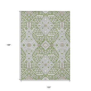 Homeroots 3' Versatile Floral Indoor Outdoor Area Rug In Artichoke Green, Ivory, And Gray - Washable Design 10' X 14' Polyester 590015