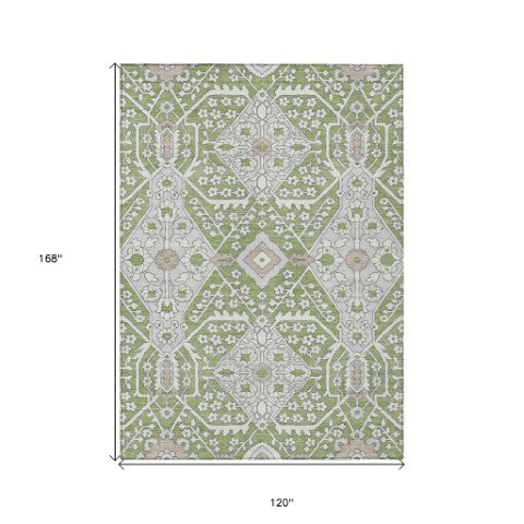 Homeroots 3' Versatile Floral Indoor Outdoor Area Rug In Artichoke Green, Ivory, And Gray - Washable Design 10' X 14' Polyester 590015