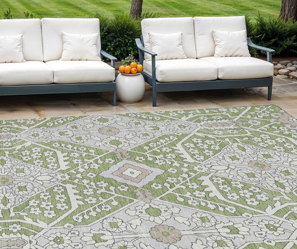 Homeroots 3' Versatile Floral Indoor Outdoor Area Rug In Artichoke Green, Ivory, And Gray - Washable Design 10' X 14' Polyester 590015