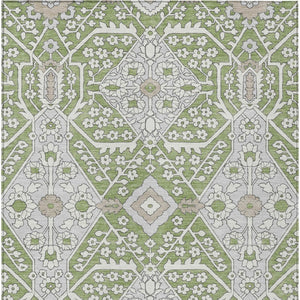 Homeroots 3' Versatile Floral Indoor Outdoor Area Rug In Artichoke Green, Ivory, And Gray - Washable Design 10' X 14' Polyester 590015