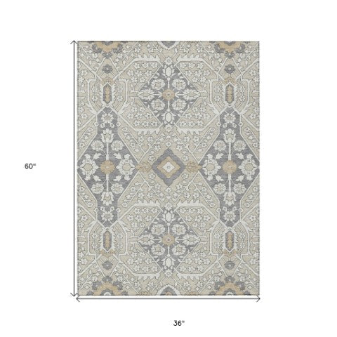 Homeroots 3' Versatile Floral Indoor Outdoor Area Rug In Artichoke Green, Ivory, And Gray - Washable Design 3' X 5' Polyester 590016