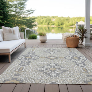 Homeroots 3' Versatile Floral Indoor Outdoor Area Rug In Artichoke Green, Ivory, And Gray - Washable Design 5' X 8' Polyester 590017