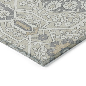 Homeroots 3' Versatile Floral Indoor Outdoor Area Rug In Artichoke Green, Ivory, And Gray - Washable Design 5' X 8' Polyester 590017