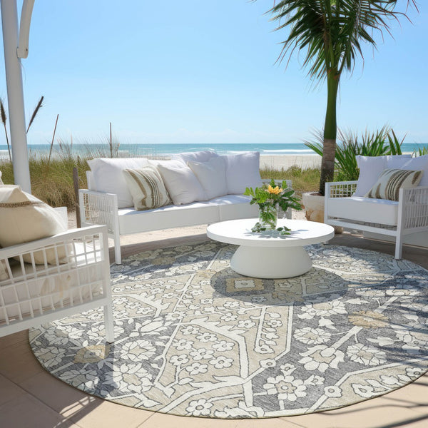Homeroots 3' Versatile Floral Indoor Outdoor Area Rug In Artichoke Green, Ivory, And Gray - Washable Design 8' Round Polyester 590018