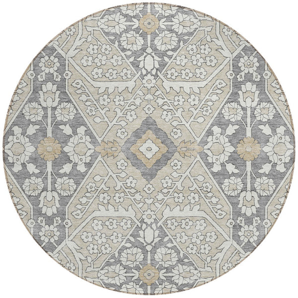 Homeroots 3' Versatile Floral Indoor Outdoor Area Rug In Artichoke Green, Ivory, And Gray - Washable Design 8' Round Polyester 590018