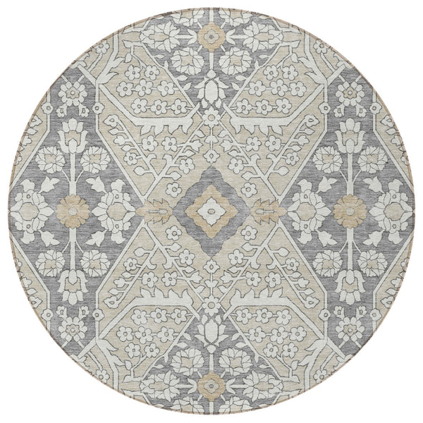 Homeroots 3' Versatile Floral Indoor Outdoor Area Rug In Artichoke Green, Ivory, And Gray - Washable Design 8' Round Polyester 590018