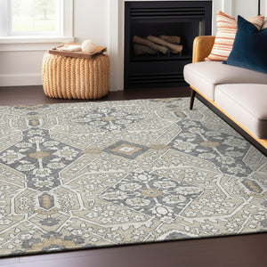Homeroots 3' Versatile Floral Indoor Outdoor Area Rug In Artichoke Green, Ivory, And Gray - Washable Design 8' X 10' Polyester 590019