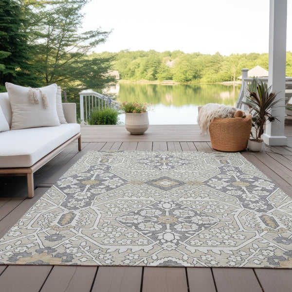 Homeroots 3' Versatile Floral Indoor Outdoor Area Rug In Artichoke Green, Ivory, And Gray - Washable Design 10' X 14' Polyester 590021