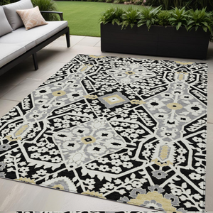 Homeroots 3' Versatile Floral Indoor Outdoor Area Rug In Artichoke Green, Ivory, And Gray - Washable Design 5' X 8' Polyester 590023