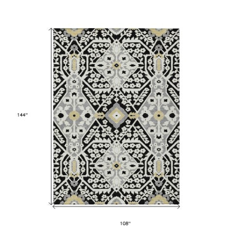 Homeroots 3' Versatile Floral Indoor Outdoor Area Rug In Artichoke Green, Ivory, And Gray - Washable Design 9' X 12' Polyester 590026