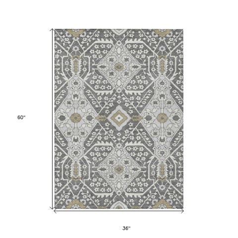 Homeroots 3' Versatile Floral Indoor Outdoor Area Rug In Artichoke Green, Ivory, And Gray - Washable Design 3' X 5' Polyester 590028