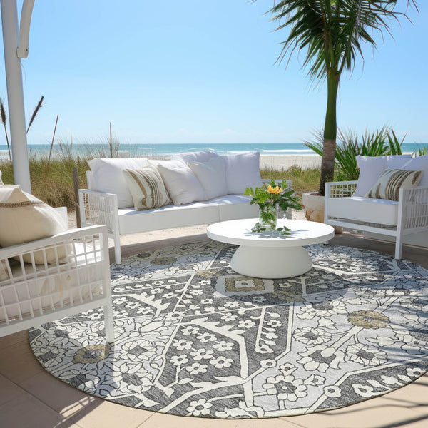Homeroots 3' Versatile Floral Indoor Outdoor Area Rug In Artichoke Green, Ivory, And Gray - Washable Design 8' Round Polyester 590030