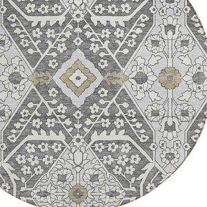 Homeroots 3' Versatile Floral Indoor Outdoor Area Rug In Artichoke Green, Ivory, And Gray - Washable Design 8' Round Polyester 590030