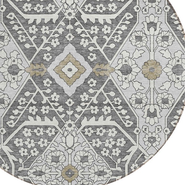 Homeroots 3' Versatile Floral Indoor Outdoor Area Rug In Artichoke Green, Ivory, And Gray - Washable Design 8' Round Polyester 590030