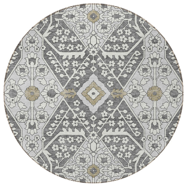 Homeroots 3' Versatile Floral Indoor Outdoor Area Rug In Artichoke Green, Ivory, And Gray - Washable Design 8' Round Polyester 590030