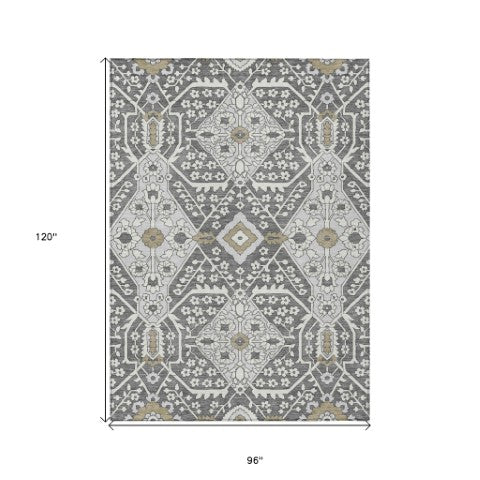 Homeroots 3' Versatile Floral Indoor Outdoor Area Rug In Artichoke Green, Ivory, And Gray - Washable Design 8' X 10' Polyester 590031