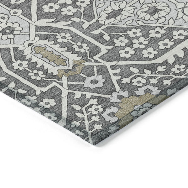 Homeroots 3' Versatile Floral Indoor Outdoor Area Rug In Artichoke Green, Ivory, And Gray - Washable Design 9' X 12' Polyester 590032