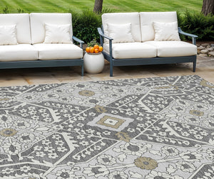 Homeroots 3' Versatile Floral Indoor Outdoor Area Rug In Artichoke Green, Ivory, And Gray - Washable Design 10' X 14' Polyester 590033