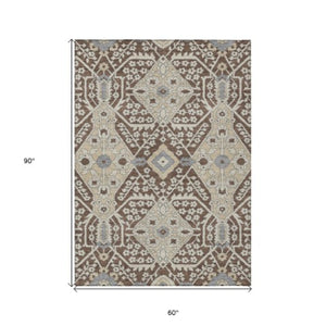 Homeroots 3' Versatile Floral Indoor Outdoor Area Rug In Artichoke Green, Ivory, And Gray - Washable Design 5' X 8' Polyester 590035