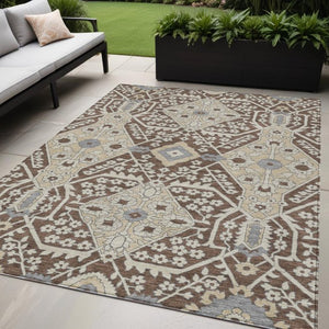 Homeroots 3' Versatile Floral Indoor Outdoor Area Rug In Artichoke Green, Ivory, And Gray - Washable Design 5' X 8' Polyester 590035