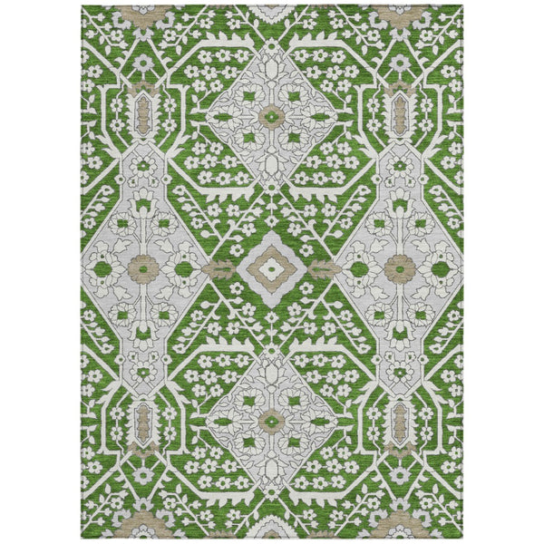 Homeroots 3' Versatile Floral Indoor Outdoor Area Rug In Artichoke Green, Ivory, And Gray - Washable Design 5' X 8' Polyester 590041