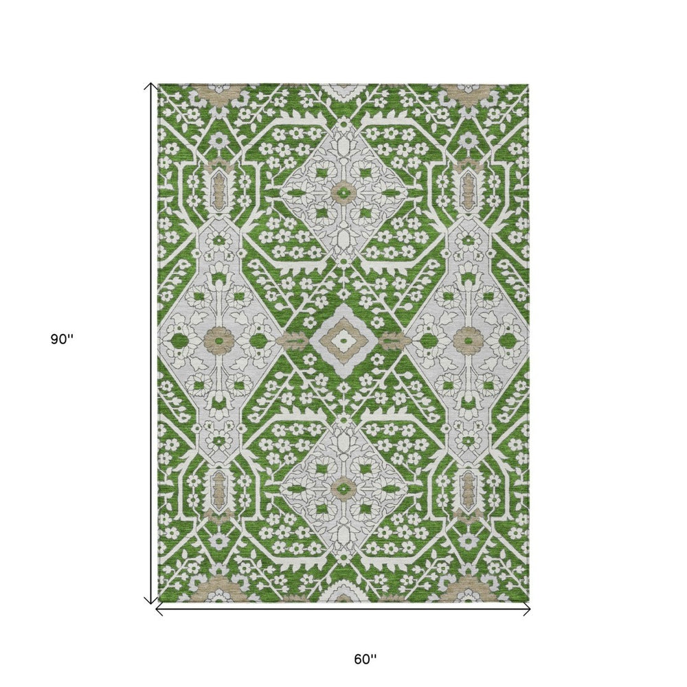 HomeRoots 5' Floral Indoor/Outdoor Area Rug in Green, Gray, and Taupe - Durable, Washable, Versatile Design 5' X 8' 590041