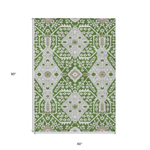 Homeroots 3' Versatile Floral Indoor Outdoor Area Rug In Artichoke Green, Ivory, And Gray - Washable Design 5' X 8' Polyester 590041