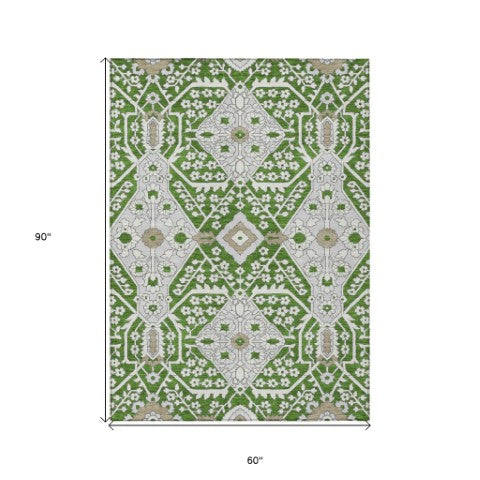 Homeroots 3' Versatile Floral Indoor Outdoor Area Rug In Artichoke Green, Ivory, And Gray - Washable Design 5' X 8' Polyester 590041