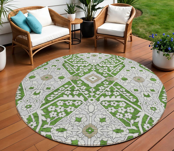 Homeroots 3' Versatile Floral Indoor Outdoor Area Rug In Artichoke Green, Ivory, And Gray - Washable Design 8' Round Polyester 590042