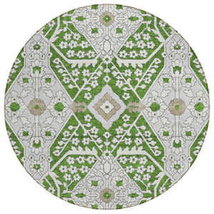 HomeRoots 5' Floral Indoor/Outdoor Area Rug in Green, Gray, and Taupe - Durable, Washable, Versatile Design 8' Round 590042