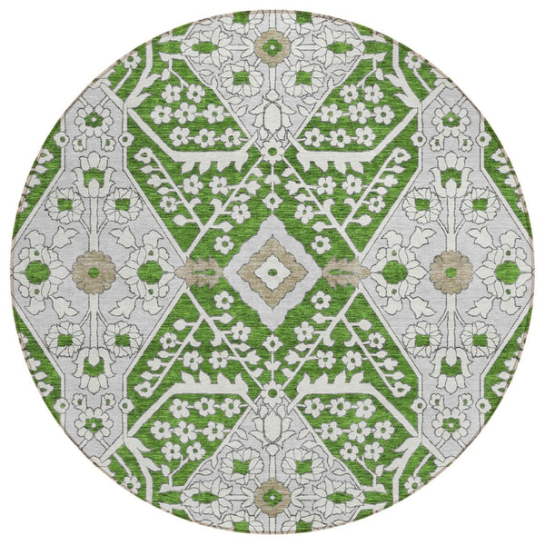 HomeRoots 5' Floral Indoor/Outdoor Area Rug in Green, Gray, and Taupe - Durable, Washable, Versatile Design 8' Round 590042