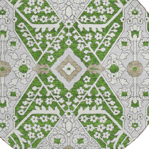 Homeroots 3' Versatile Floral Indoor Outdoor Area Rug In Artichoke Green, Ivory, And Gray - Washable Design 8' Round Polyester 590042