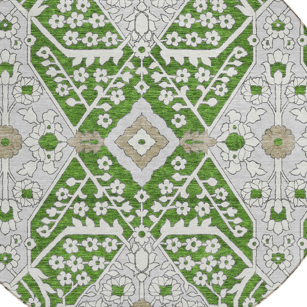 Homeroots 3' Versatile Floral Indoor Outdoor Area Rug In Artichoke Green, Ivory, And Gray - Washable Design 8' Round Polyester 590042