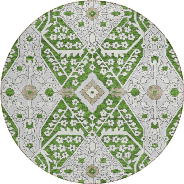 Homeroots 3' Versatile Floral Indoor Outdoor Area Rug In Artichoke Green, Ivory, And Gray - Washable Design 8' Round Polyester 590042