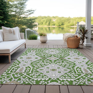 Homeroots 3' Versatile Floral Indoor Outdoor Area Rug In Artichoke Green, Ivory, And Gray - Washable Design 8' X 10' Polyester 590043