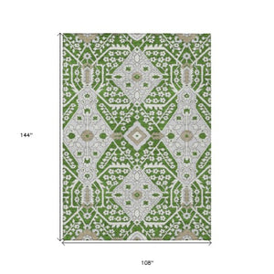 Homeroots 3' Versatile Floral Indoor Outdoor Area Rug In Artichoke Green, Ivory, And Gray - Washable Design 9' X 12' Polyester 590044