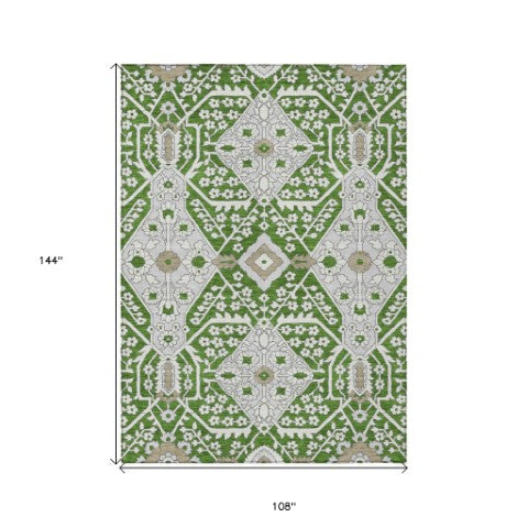 Homeroots 3' Versatile Floral Indoor Outdoor Area Rug In Artichoke Green, Ivory, And Gray - Washable Design 9' X 12' Polyester 590044