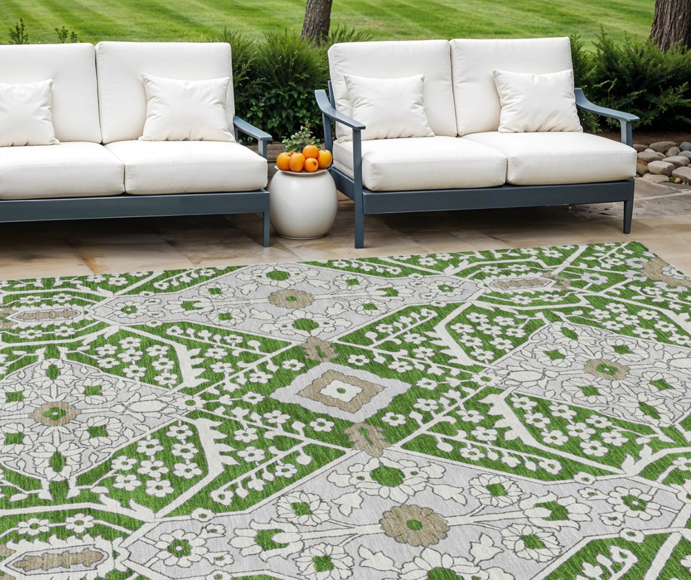 HomeRoots 9' Floral Area Rug in Green, Gray, and Taupe - Durable, Washable Design for Indoor/Outdoor Use 9' X 12' 590044