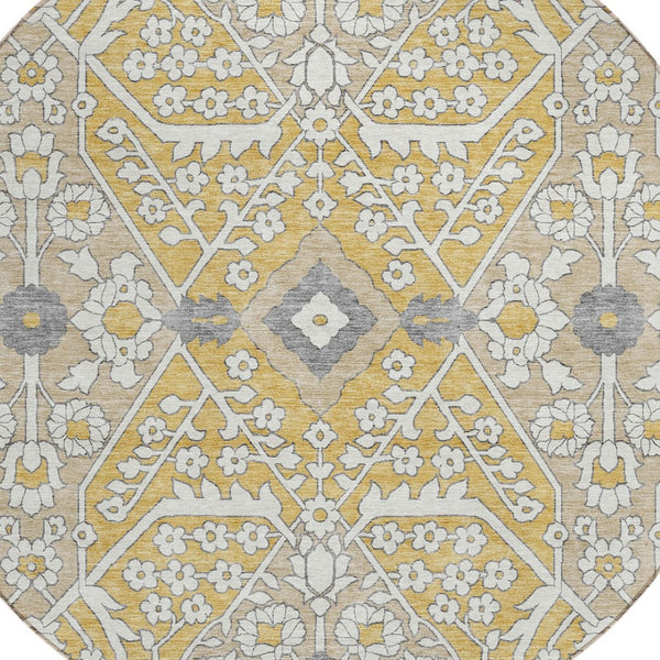 HomeRoots 5' Elegant Gold Ivory Gray Floral Area Rug - Washable, Durable Indoor Outdoor Mat for Any Space 8' Round 590048