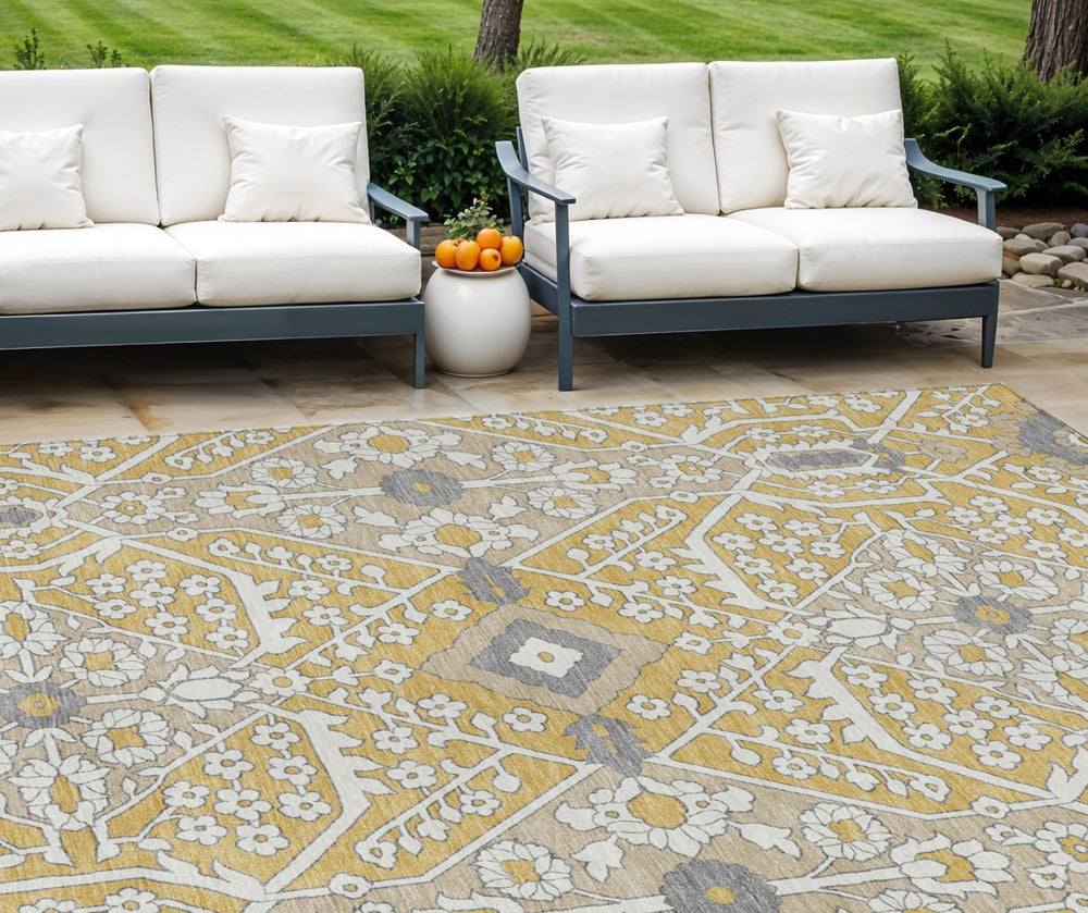 HomeRoots 9' Gold Ivory Gray Floral Indoor Outdoor Area Rug – Durable, Washable, Stylish for Any Space 9' X 12' 590050
