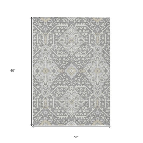 Homeroots 3' Versatile Floral Indoor Outdoor Area Rug In Artichoke Green, Ivory, And Gray - Washable Design 3' X 5' Polyester 590052