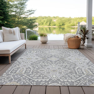 Homeroots 3' Versatile Floral Indoor Outdoor Area Rug In Artichoke Green, Ivory, And Gray - Washable Design 5' X 8' Polyester 590053