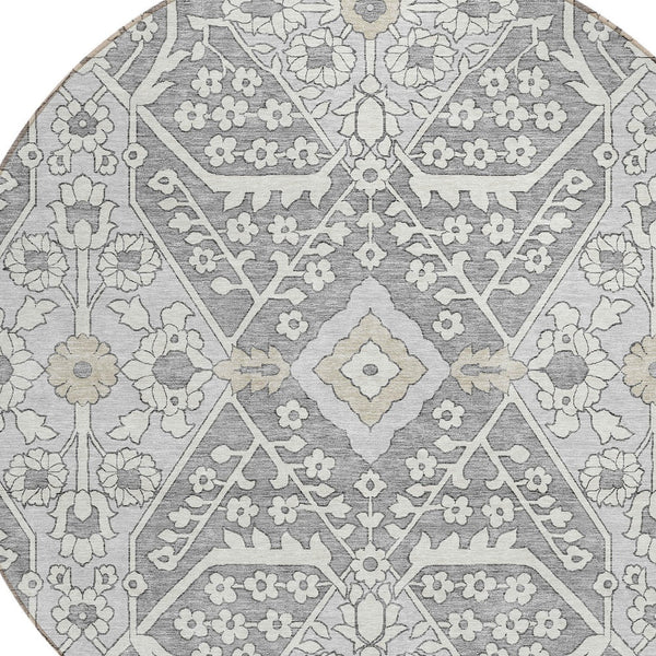 Homeroots 3' Versatile Floral Indoor Outdoor Area Rug In Artichoke Green, Ivory, And Gray - Washable Design 8' Round Polyester 590054