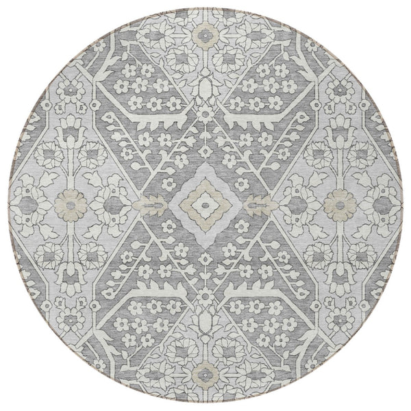 Homeroots 3' Versatile Floral Indoor Outdoor Area Rug In Artichoke Green, Ivory, And Gray - Washable Design 8' Round Polyester 590054