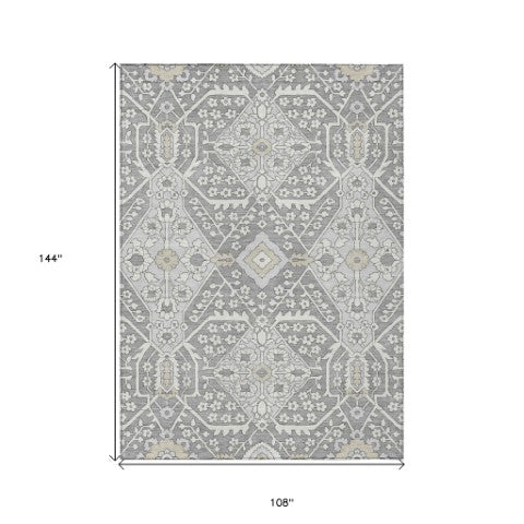 Homeroots 3' Versatile Floral Indoor Outdoor Area Rug In Artichoke Green, Ivory, And Gray - Washable Design 9' X 12' Polyester 590056