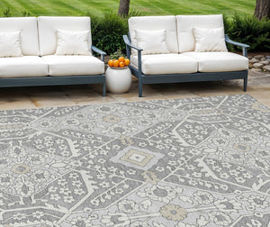 Homeroots 3' Versatile Floral Indoor Outdoor Area Rug In Artichoke Green, Ivory, And Gray - Washable Design 10' X 14' Polyester 590057